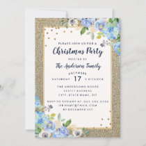 Blue Gold Floral Sparkle Christmas Party Invitation