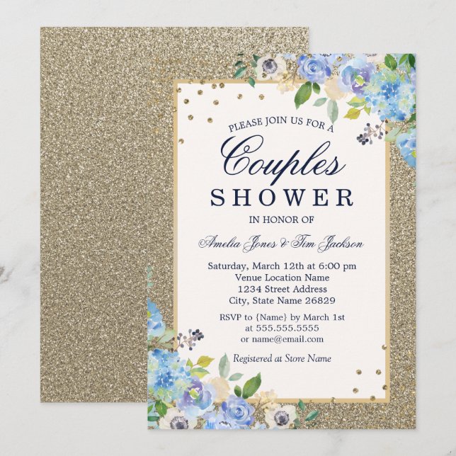 Blue Gold floral Sparkle Couples Shower Invitation (Front/Back)