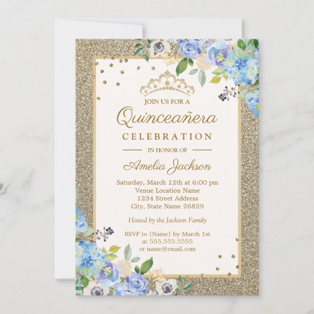 Blue Gold floral Sparkle Quinceanera Invitation (Front)