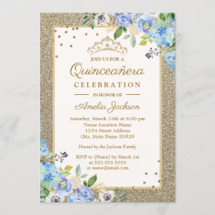 Blue Gold floral Sparkle Quinceanera Invitation