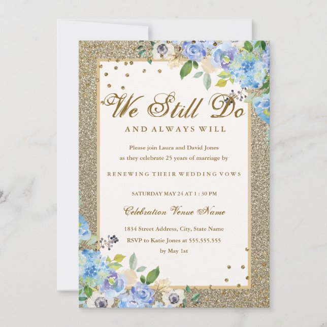 Blue Gold Floral Sparkle Vow Renewal Anniversary Invitation (Front)