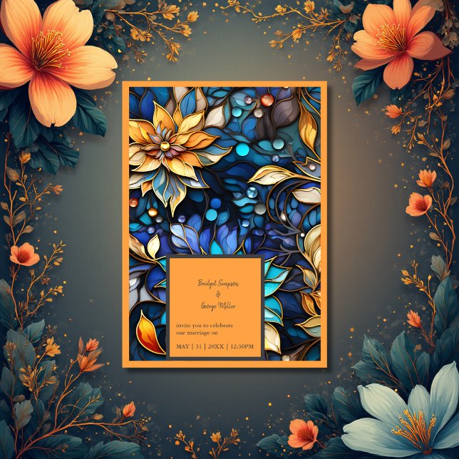 Blue & Gold Floral Stained Glass Elegant wedding Invitation (Creator Uploaded)