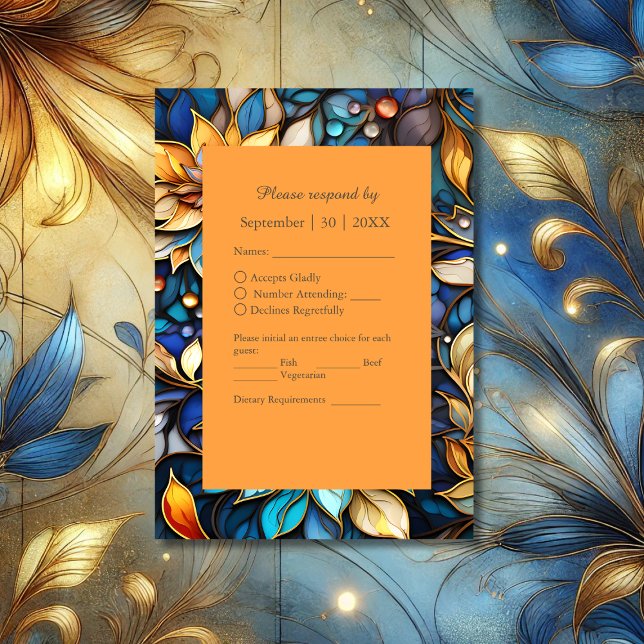 Blue & Gold Floral Stained Glass Elegant wedding RSVP Card (Creator Uploaded)
