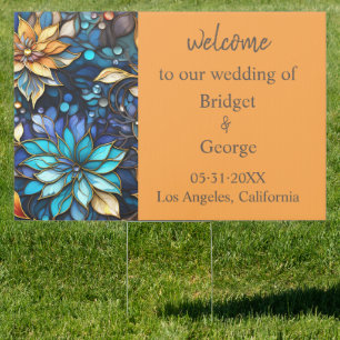 Blue & Gold Floral Stained Glass Elegant welcome  Sign