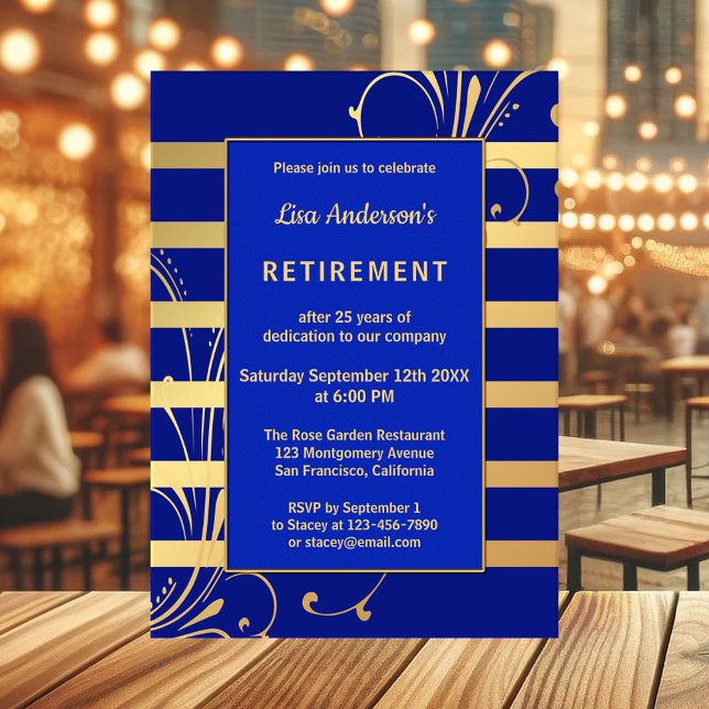 Blue Gold Floral Striped Retirement Invitation (Elegant retirement party invitation in navy and royal blue with gold stripes and floral designs)