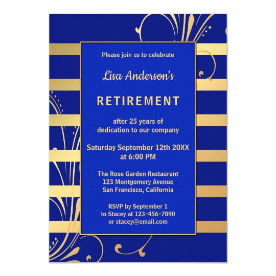 Blue Gold Floral Striped Retirement Invitation | Zazzle.com