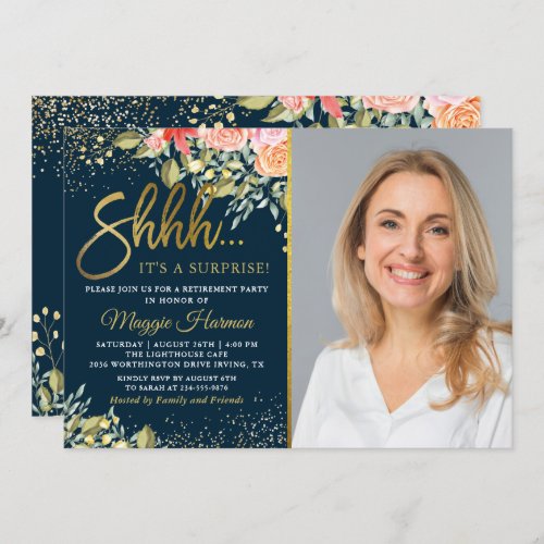 Blue Gold Floral Surprise Retirement Party Photo Invitation