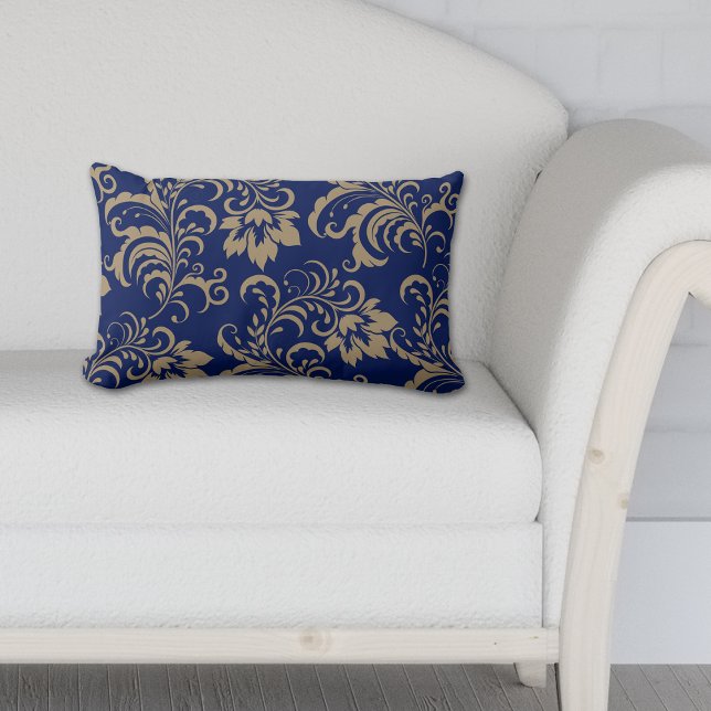 Blue Gold Floral Swirl Lumbar Pillow (Creator Uploaded)