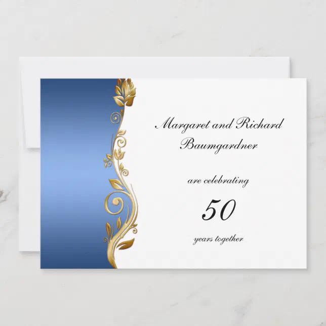 Blue Gold Floral Swirls 50th Wedding Anniversary Invitation | Zazzle
