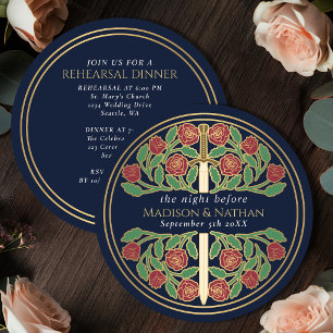 Blue Gold Floral Sword Royal Wedding Rehearsal Invitation