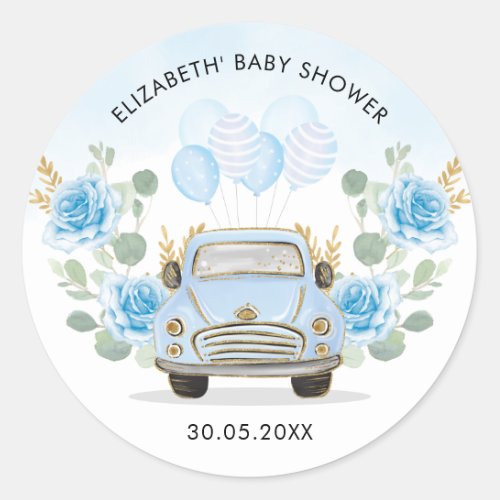 Blue Gold Floral Travel Drive By Shower Favors Classic Round Sticker