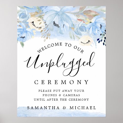 Blue Gold Floral Unplugged Wedding Ceremony Sign