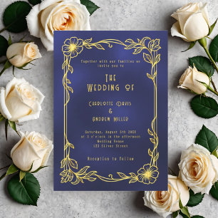 Blue gold floral vintage wedding invitation