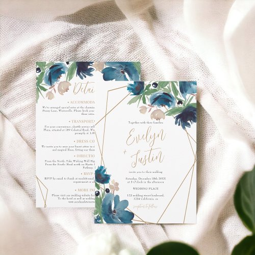 Blue gold Floral Watercolor All in one Wedding Invitation