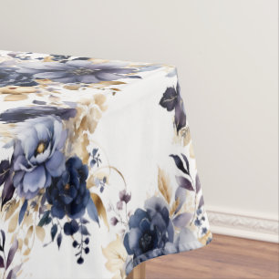 Blue Gold Floral Watercolor Tablecloth