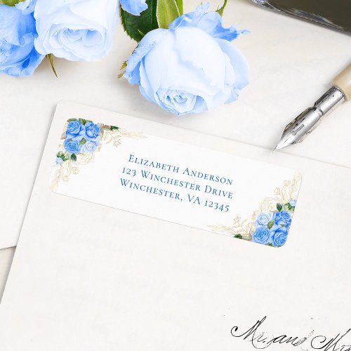 Blue Gold Floral Watercolor Wedding Return Address Label