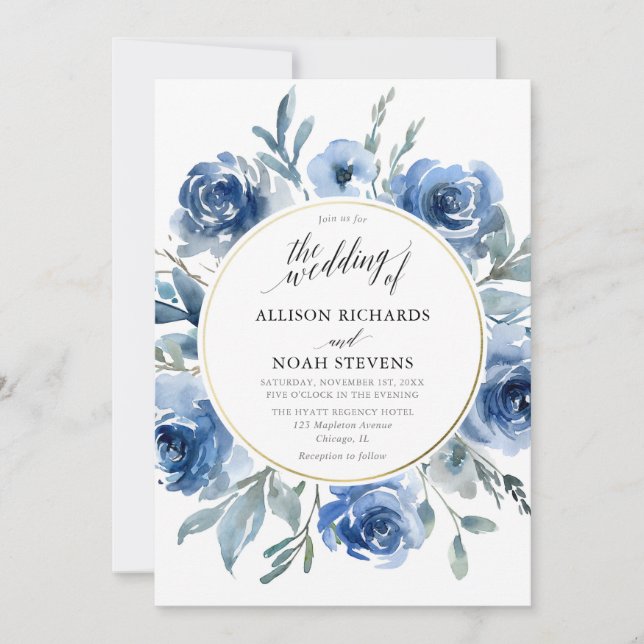 Blue gold floral watercolors wreath modern wedding invitation (Front)