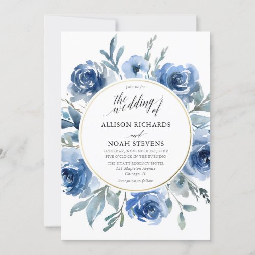 Blue gold floral watercolors wreath modern wedding invitation