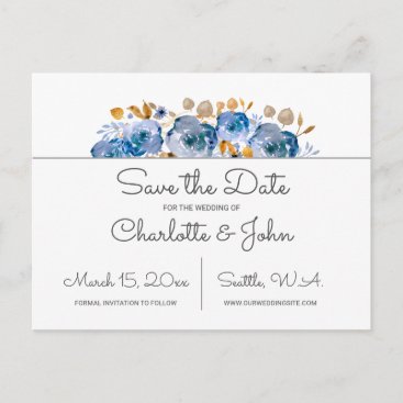 Blue Gold Floral Wedding Announcement Postcard