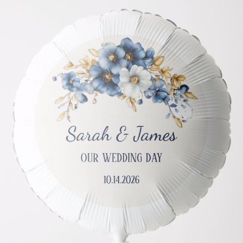Blue Gold Floral Wedding Foil Balloon