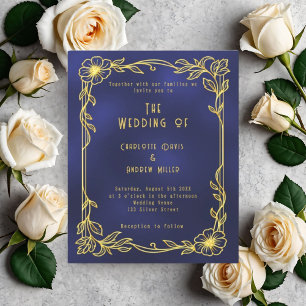 Blue gold floral wedding invitation