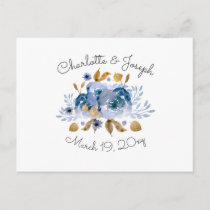 Blue Gold Floral Wedding Invitation Postcard