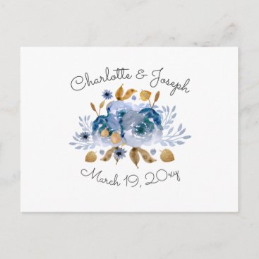 Blue Gold Floral Wedding Invitation Postcard