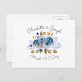 Blue Gold Floral Wedding Invitation Postcard (Front/Back)