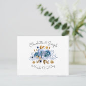 Blue Gold Floral Wedding Invitation Postcard (Standing Front)