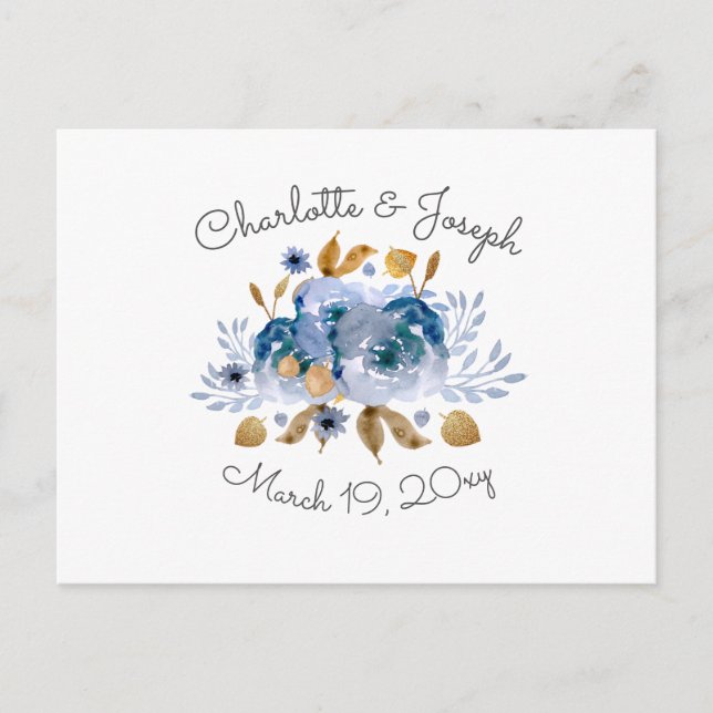 Blue Gold Floral Wedding Invitation Postcard (Front)