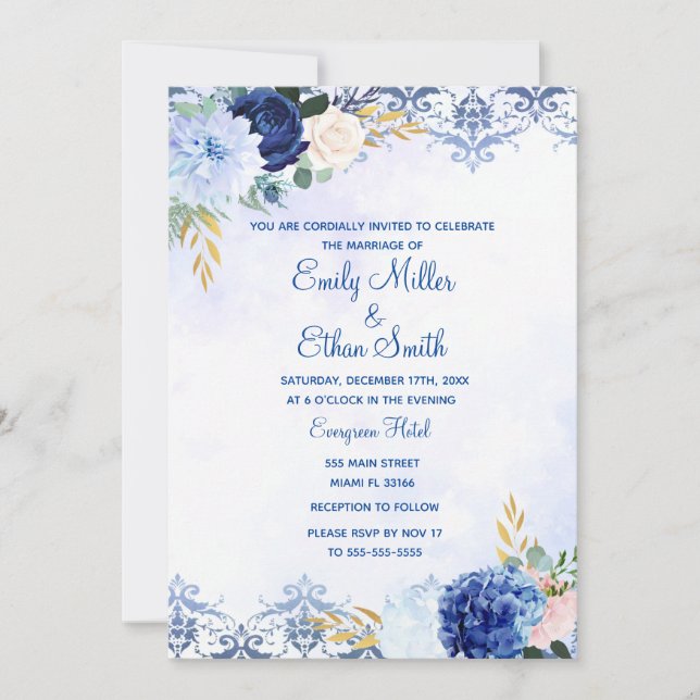 Blue gold floral wedding invitation watercolor (Front)