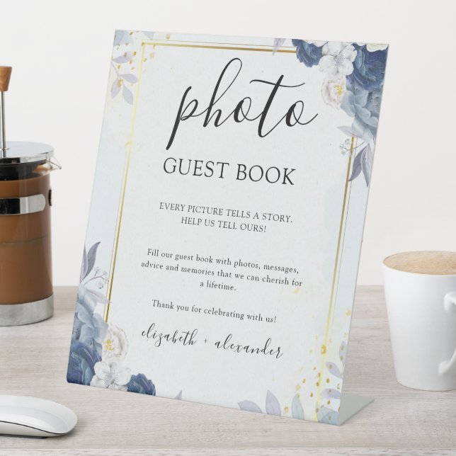 Blue Gold Floral wedding Photo Guestbook  Pedestal Sign (In SItu)