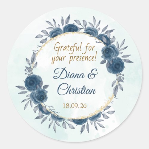 Blue Gold Floral Wedding Sticker Elegant Circle