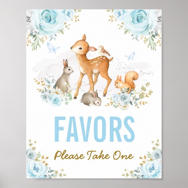 Blue Gold Floral Woodland Animals Favors Sign (Front)