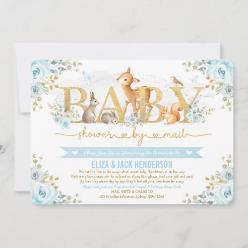 Blue Gold Floral Woodland Deer Baby Shower By Mail Invitation