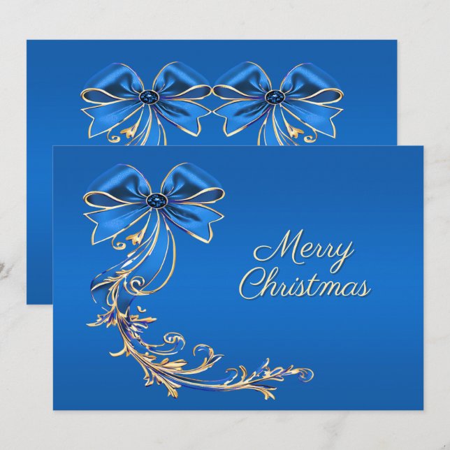 Blue Gold Flower Christmas Holiday Card (Front/Back)