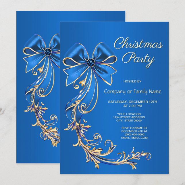 Blue Gold Flower Christmas Party Invitation (Front/Back)