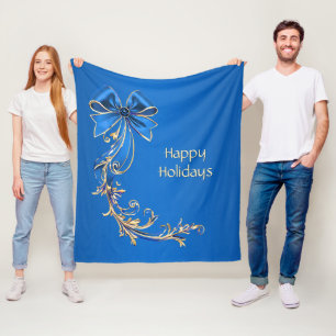 Blue Gold Flower Holiday Fleece Blanket