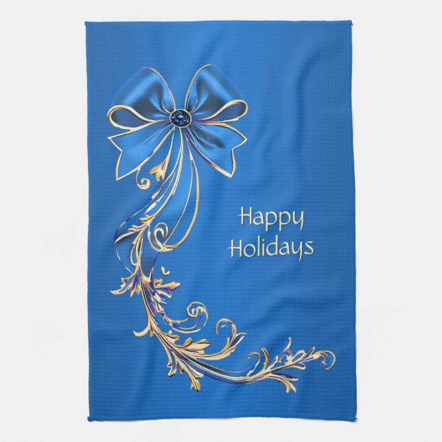 Blue Gold Flower Holiday Kitchen Towel (Vertical)