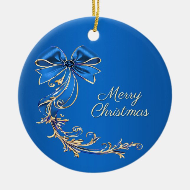 Blue Gold Flower Holiday Ornament (Front)