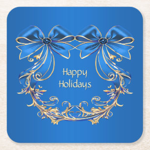 Blue Gold Flower Holiday Paper Coaster