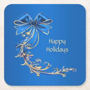 Blue Gold Flower Holiday Paper Coaster