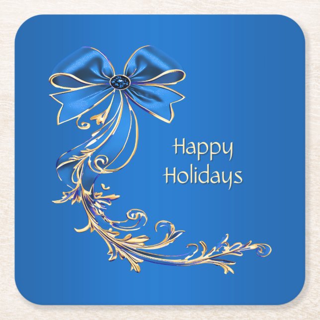 Blue Gold Flower Holiday Paper Coaster (Front)