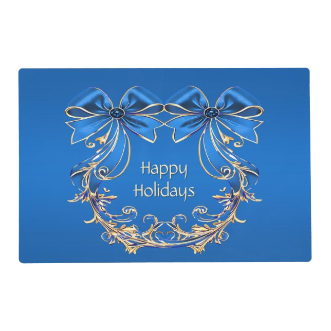 Blue Gold Flower Holiday Paper Placemat (Front)