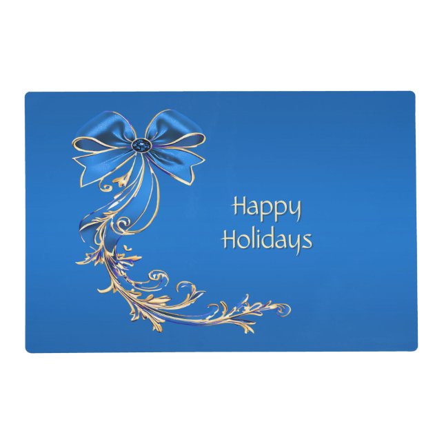 Blue Gold Flower Holiday Paper Placemat (Front)