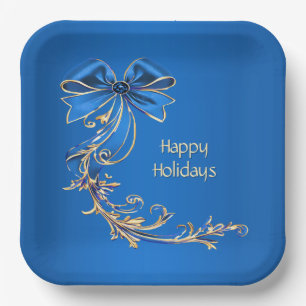 Blue Gold Flower Holiday Paper Plate