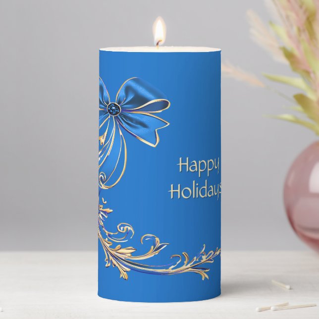 Blue Gold Flower Holiday Pillar Candle (In Situ)