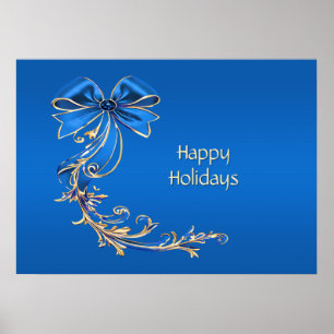Blue Gold Flower Holiday Poster