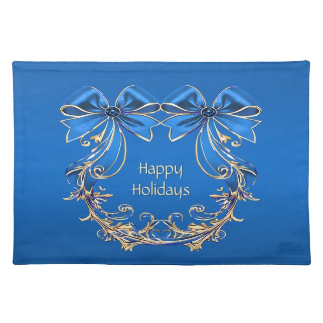 Blue Gold Flower Holiday Table Cloth Placemat (Front)