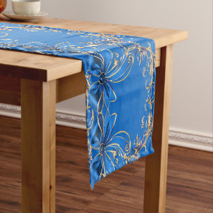 Blue Gold Flower Holiday Table Runner